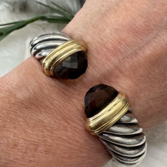 David Yurman 15MM Waverly Smokey Quartz Cable Cuff Bracelet .925/18K Gold - Picture 7 of 7